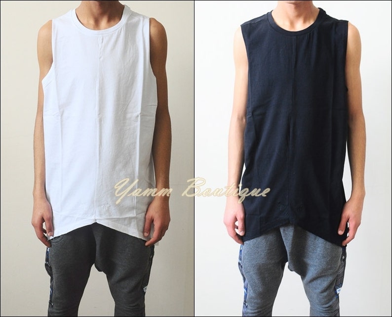 Men's Asymmetric Cut Essential Extended Silky Long Tank Top Oval Hem 