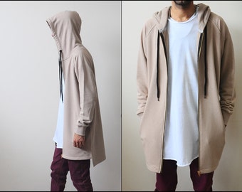 Sweat-shirt à capuche gothique à manches longues pour hommes, surdimensionné et long, avec dos Long et fermeture éclair complète, Loose Jackets-BB0121