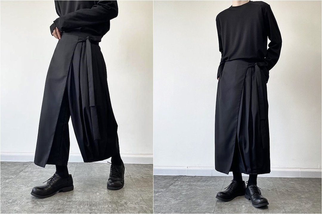 Original Design Wrap Skirt Pant,pleated A-line, Dark Black Mid-lenght ...