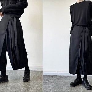 XS-8XL Original Design Wrap Skirt Pant,Pleated A-line, Dark Black Mid-Lenght irregular Kilt  Skirt,Layer Suit Pants, Gothic Clothing-BB868