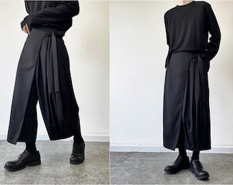 XS-8XL Pantalon jupe portefeuille au design original, Coupe trapèze plissée, Jupe kilt irrégulière noir foncé mi-longue, Pantalon de costume superposé, Vêtements gothiques-BB868