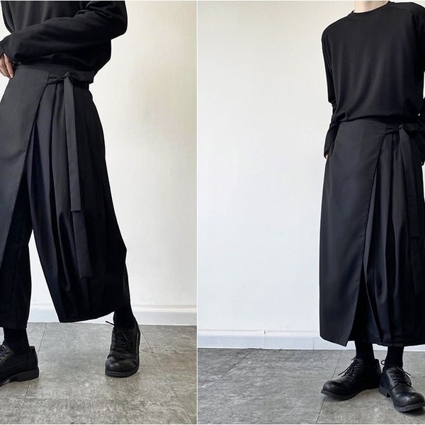 XS-8XL Pantalon jupe portefeuille au design original, Coupe trapèze plissée, Jupe kilt irrégulière noir foncé mi-longue, Pantalon de costume superposé, Vêtements gothiques-BB868