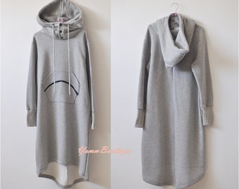 Women Maxi Lenght Hoodie Button High Neck Closure Front pocket / Asymmetrics Cuts /  Overlong Oversized Long Dress / Longline Hoodie