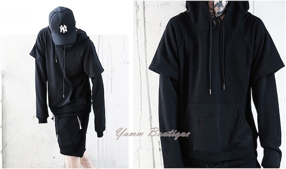 Men s Double Sleeve Long Hoodie Pullover Sweatshirt Long Sleeve