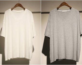 Minimalist V-neck Basic Summer Oversize Short-sleeved T-shirt Loose