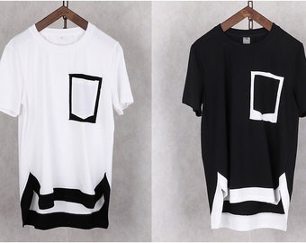 2023 Summer Men's Round Neck T-shirt / Black White Colourblock / Short Sleeve / Splicing Asymmetrical Relaxed fit Drop shoulder