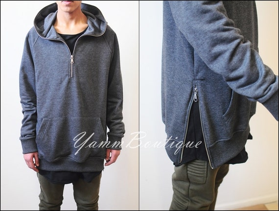 Oversized Men's Front Half Zipper and Side Zippers Hoodie Crew Neck  Sweatshirt 