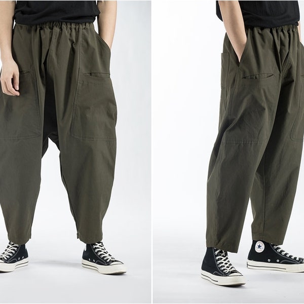 Sarouel Wide Leg Trousers off Black Plain Japanese Yoga Fittness Stretch Cotton Pants / Harem Pant / Fighter Pant