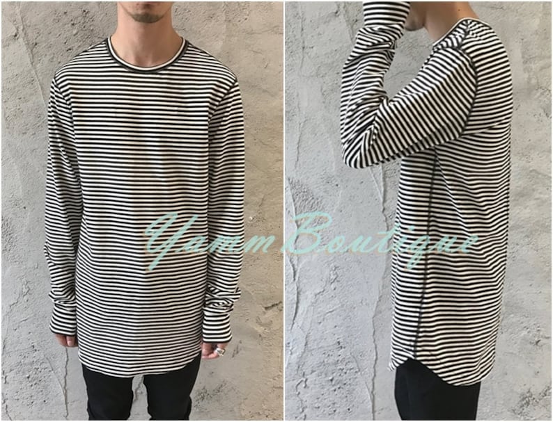Striped Black/Beige Under Scoop Knit T-shirt - Extended Overlong Long Sleeve - Drop Shoulder Centre back seam 