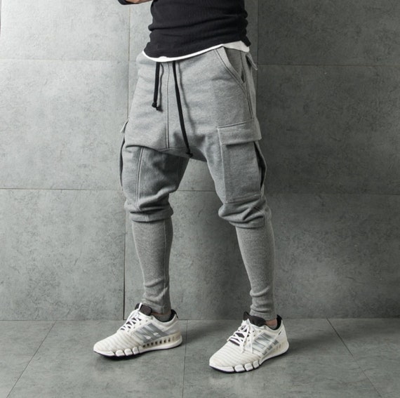 Men's Low Drop Crotch Harem Pocket Relaxed Sweatpants /slim-fit Zip Pocket  Trouser Cargo Pants / Techwear 