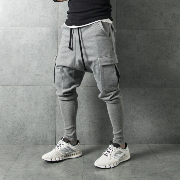 Men's Low Drop Crotch Harem Pocket Relaxed Sweatpants /Slim-Fit Zip Pocket Trouser Cargo Pants / Techwear