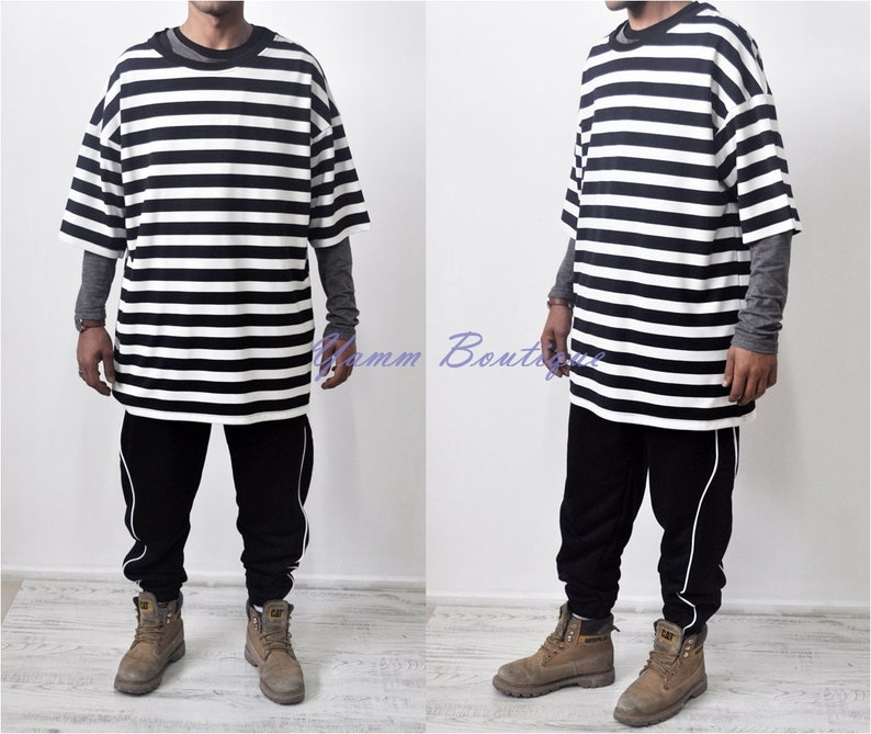 Black White Striped  Dropped Shoulder 0 Neck Scoop Short image 5