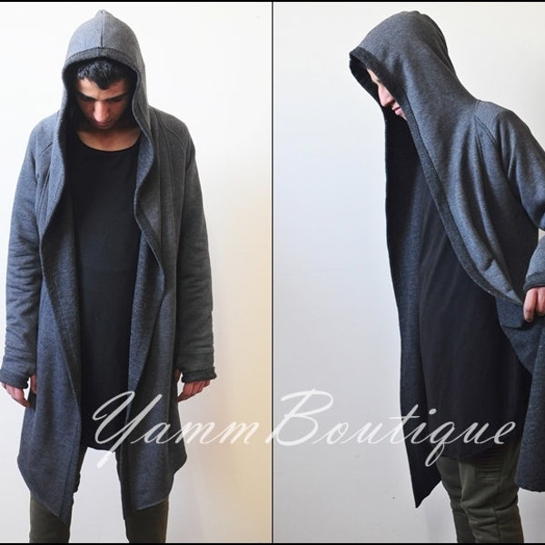 XXS-6XL Cardigan DOUX surdimensionné pour hommes, manches gant, bords bruts, corde, longue coupe asymétrique, vestes GOTHIC, vêtements Ashassin -BB024