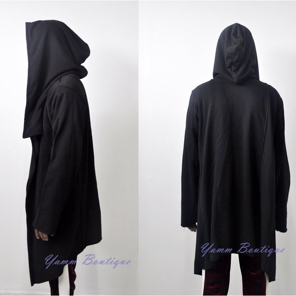 XS-8XL Men's Oversized Hood Cardigan Long Sleeve / Raw Edges Cloak Hooded Rope Long Asymmetric Coat Jacket Post Apocalyptic-BB093