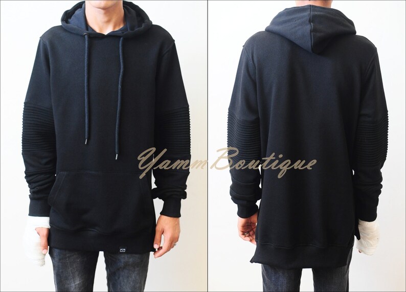 BM Real Biker Cotton Kangaroo Pocket Side Slit Hoodie Pintuck on the Sleeves for Men Kanye Hoodie