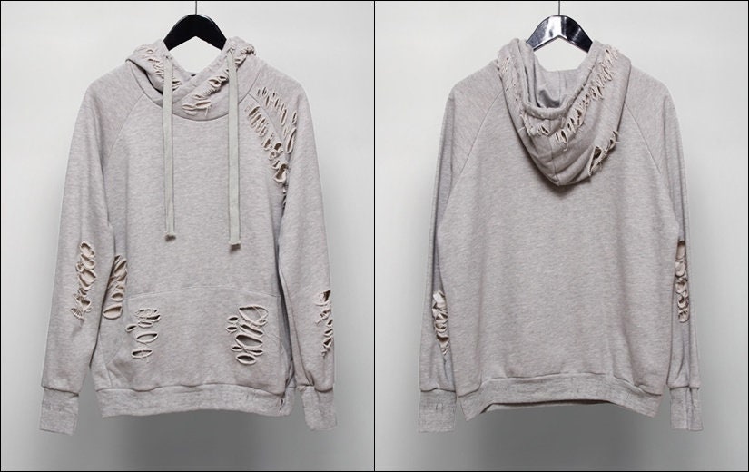 Oversized Men's Destroyed Distressed Hoodie /charm Ripped Frayed