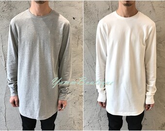 Mens Longline Extended Loose Tshirt / Essentials Long Sleeve Elongated Lengthen Long Tee