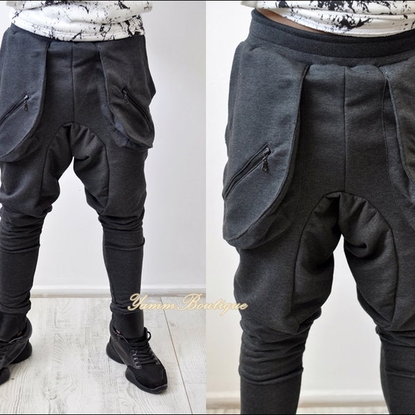 Pantalon de survêtement Baggy à poche zippée pour hommes avec poche zippée à l'entrejambe basse / Pantalon Cargo à poche zippée Slim Fit / Techwear