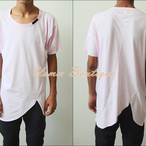 Men's Asymmetric Tshirt / Extended Essential Short Sleeve Asymmetric Cut Round Neck Long Tee