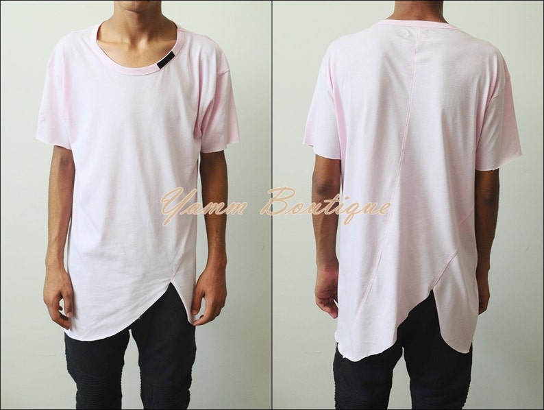 Men's Asymmetric Tshirt / Extended Essential Short Sleeve Asymmetric Cut Round Neck Long Tee 