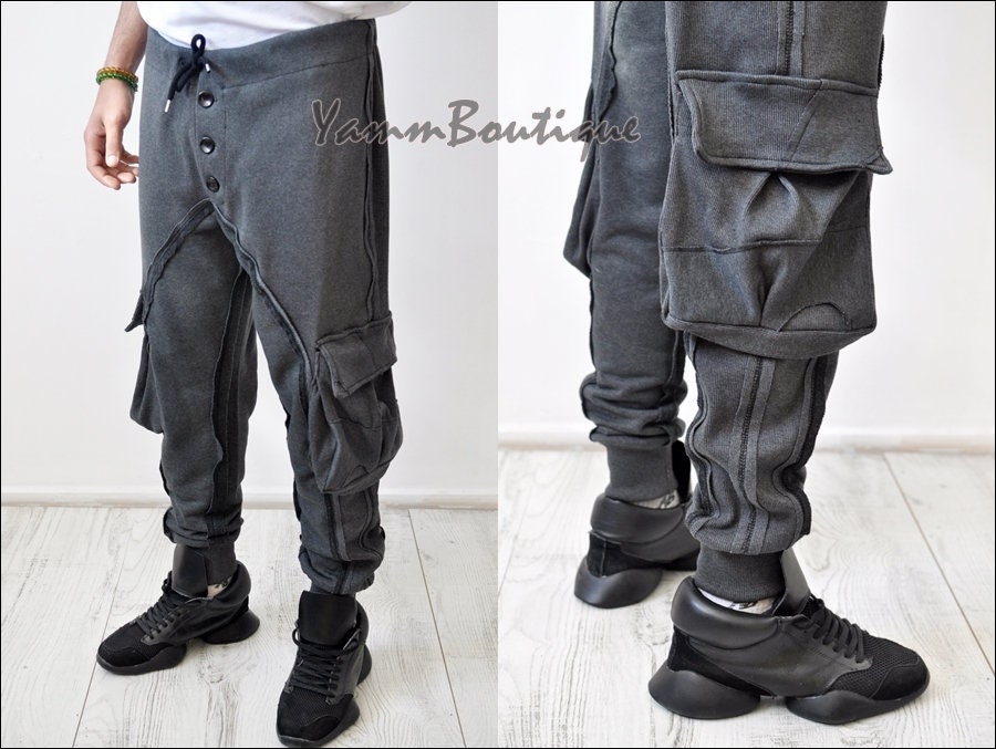 Dark Black Men's Military Cargo Pants Loose Fit Biker Multi Big Pockets  Utility Sweatpant Joggers / Tapered Fit Round Knit Button Detail -   Denmark