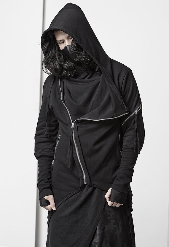 Men's Asymmetric Cut Zipper Sleeve Hooded Full Jacket Gothic