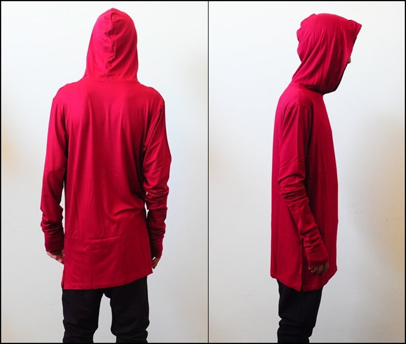 Mens Extended Essential Hooded Long Sleeve Drop Back Oval Hem Under T-shirt Tee  / elongated sleeves 