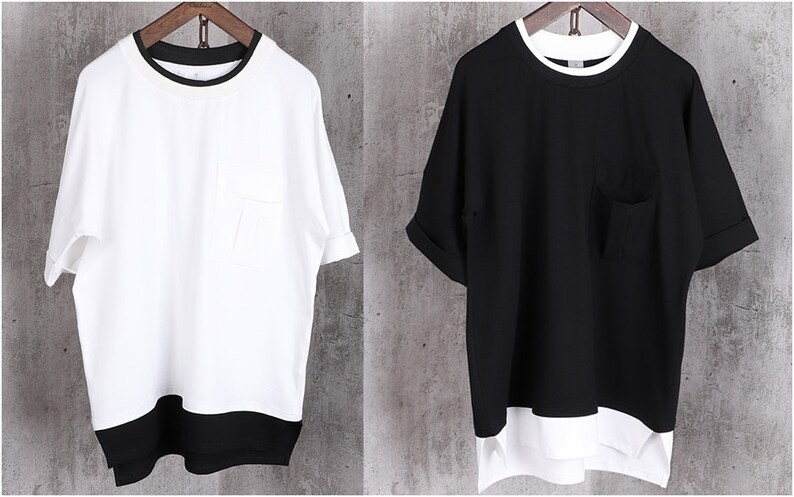 New Men's Short Sleeve T-Shirt / Relaxed Fit Longline/ Drop Shoulder / Black White Layer Stitching Folded Sleeve Long Fitted 
