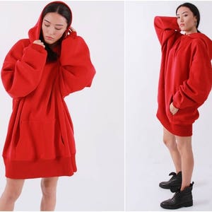 Hot Red Fleece Cotton  Oversized Hooded Overlong Hoodie Women Long Sleeve Soft Plush Loose Pullover Jumper- BB129