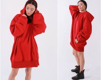 Hot Red Fleece Cotton  Oversized Hooded Overlong Hoodie Women Long Sleeve Soft Plush Loose Pullover Jumper- BB129