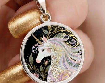 Förtrollad enhörninghänge, runt fantasihalsband, magiska och nyckfulla smycken med andedjur, sagoinspirerade smycken i guld/silver/stål