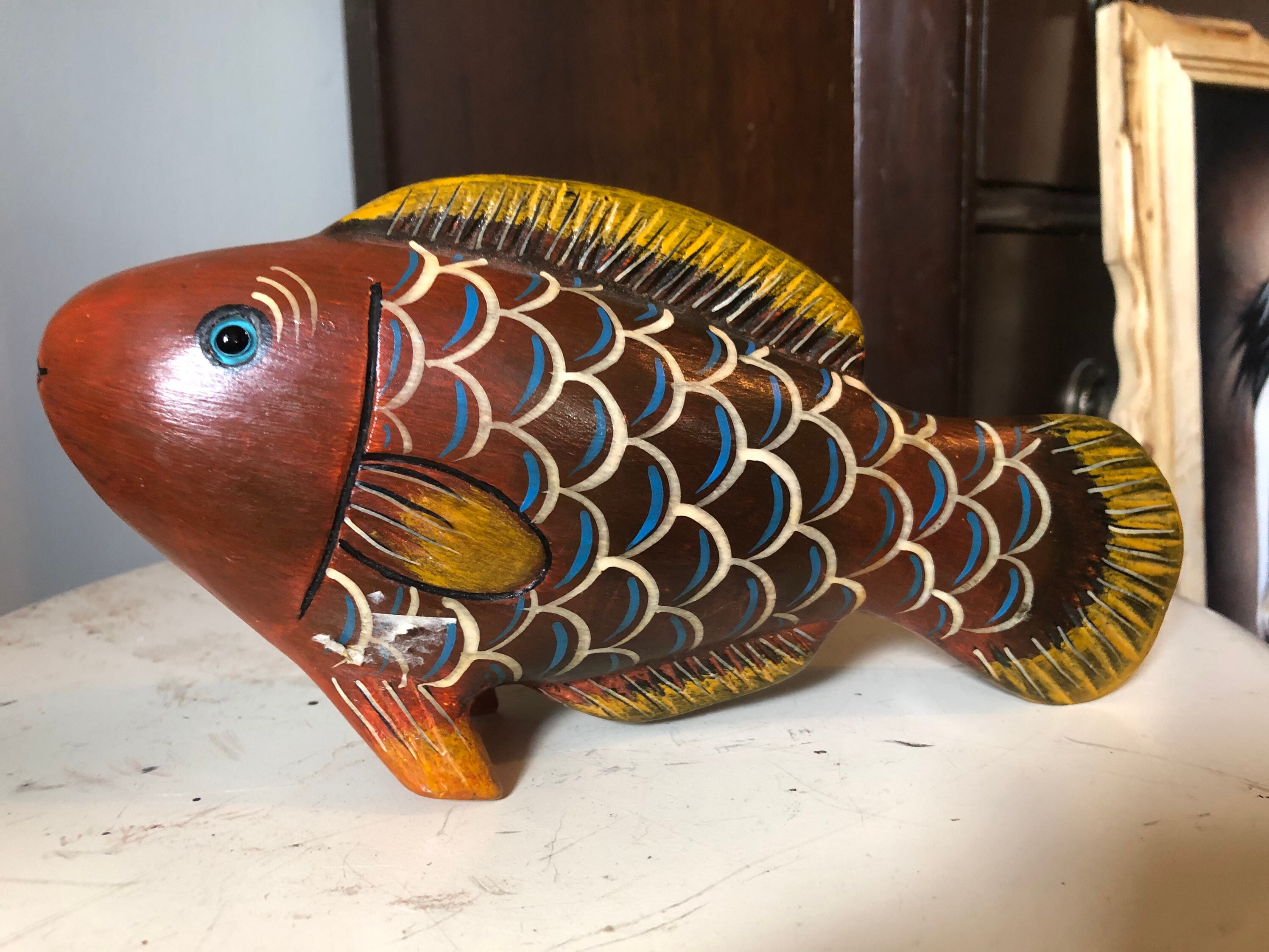 Hand carved hand painted wooden fish sculpture Etsy