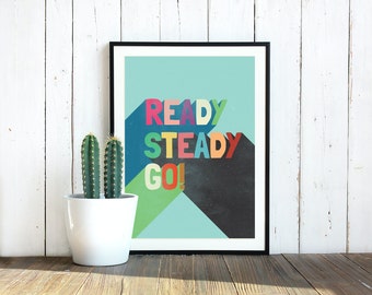 READY STEADY GO // Blue // Original Art Print // A3 // Recycled Paper // Eco Inks