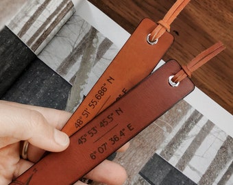 Personalised leather bookmark for bookworm or explorer, personalized long distance gift, coordinates GPS, Custom bookmark, customized gift