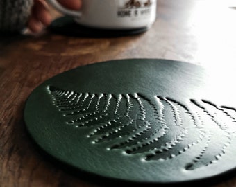 Leather coasters with embossed fern, botanical coaster, moving in gift for him or for her, table decor
