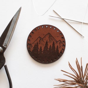 Leather patch MOUNTAIN with compass for adventurer, explorer, patches for backpack