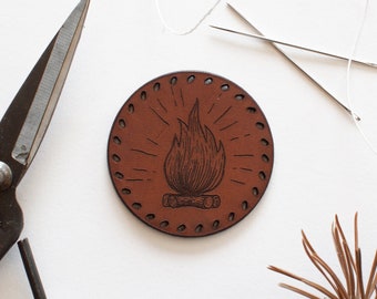 Leather patch CAMPFIRE with compass for adventurers, patches for backpack