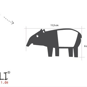 May include: A black and white illustration of a tapir, a mammal with a long snout, standing on four legs. The illustration is 11.5 inches wide and 6 inches tall.