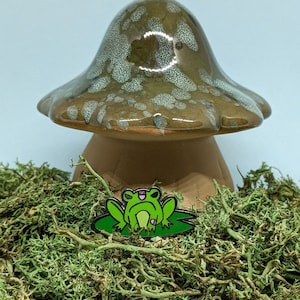 May include: A green and black enamel pin depicting a cartoon frog on a lily pad. The pin is displayed on green moss, with a brown mushroom-shaped ceramic ornament in the background.