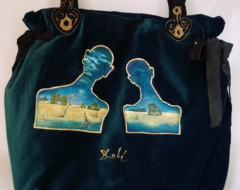 Soft velvet bag and suede made and hand-painted,Borsa ceremony,Salvador Dali,Pair with heads full of clouds