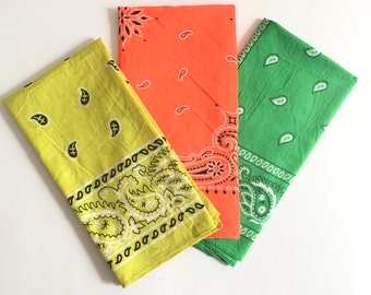 Set of 3 Bandanas / Day Glo Flourescent Bandanas / Paisley