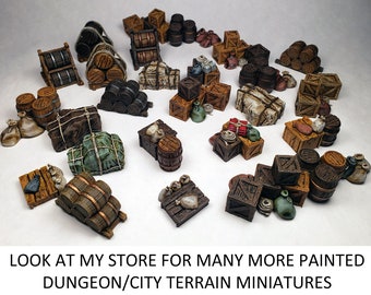 CUSTOM painted crates barrels sacks cargo supplies dungeon D&D furniture 3d printed miniatures DnD Pathfinder 2E Frostgrave wargaming AOS
