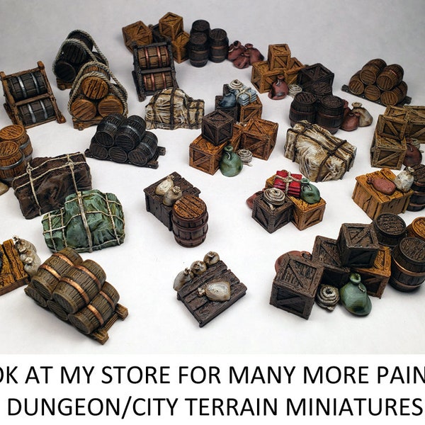 CUSTOM painted crates barrels sacks cargo supplies dungeon D&D furniture 3d printed miniatures DnD Pathfinder 2E Frostgrave wargaming AOS