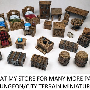 Dungeon furniture chests crates beds barrels altars / Painted Tiny Terrain miniatures D&D / DnD Pathfinder Frostgrave Heroquest WFB RPG RPG