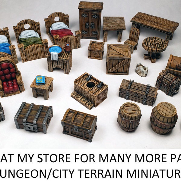 Muebles de mazmorra cofres cajas camas barriles altares / Miniaturas de terreno diminuto pintado D&D / DnD Pathfinder Frostgrave Heroquest WFB RPG RPG