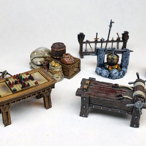 Assorted painted dungeon furniture chests crates racks torch / Tiny Terrain miniatures D&D / DnD Pathfinder Frostgrave Heroquest WFB RPG RPG