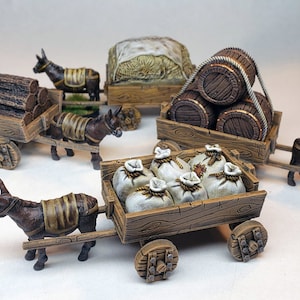 ラバと荷物を積んだ塗装済み木製カート / 塗装済みミニチュア DnD 5E Pathfinder 2E Frostgrave Dungeons and Dragons D&D Gloomhaven Feypainting