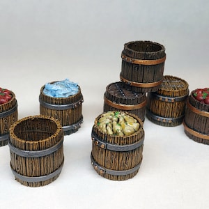 Painted barrels with fruit and fish / Painted resin miniature D&D DnD Pathfinder 2E Frostgrave Dungeons and Dragons 5E steampunk dollhouse