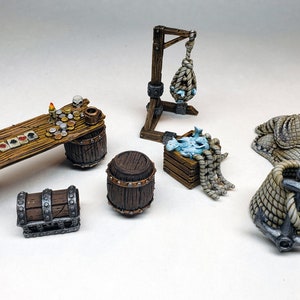 Painted pirate dock ship scatter chest table crate nets fish / Tiny Terrain miniatures D&D / DnD Pathfinder Frostgrave Heroquest WFB RPG RPG