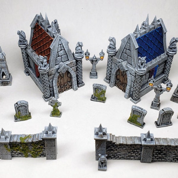 Graveyard (4) mausoleum moss wall fence skull shrine crypt lantern / Painted Terrain miniatures Reaper D&D / DnD RPG Pathfinder witch wicca